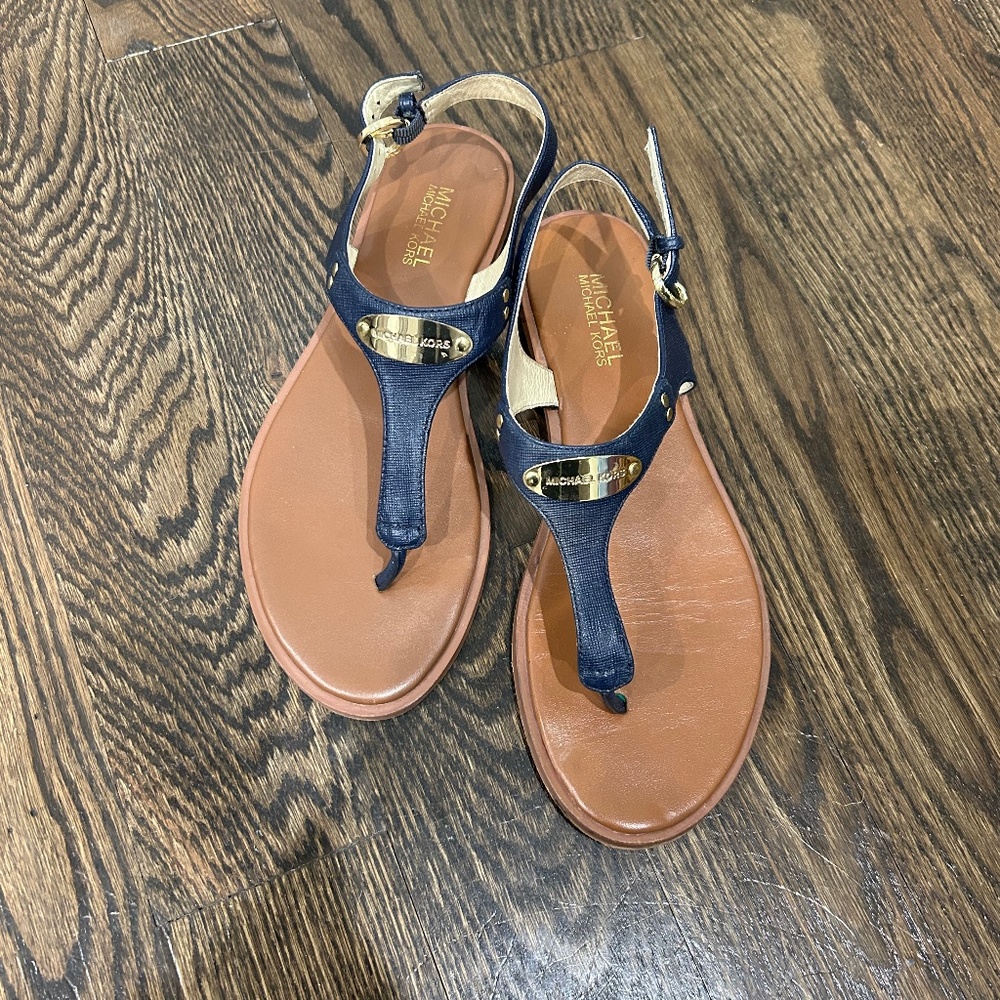 michael kors navy blue sandles with gold